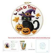 Halloween Cross Stitch Kit - DIY Embroidery Starter Set Includes Embroidery Hoop, Needle, Thread, Scissors, Tools, Decorative Artwork With Ghost, Witch, Black Cat, Cauldron Patterns, Home Decor Gift