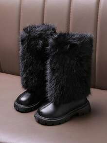 1 Pair Black Tall Snow Boots For Girls, Soft & Comfortable Rabbit Fur PU Fabric Plush Lining, Back Zipper Design Round Toe Soft Sole, Fashion High-Top Boots Suitable For 3-12 Years Old Female Students, Party, Performance, Campus, Skiing, Autumn/Winter New - Black - View 8