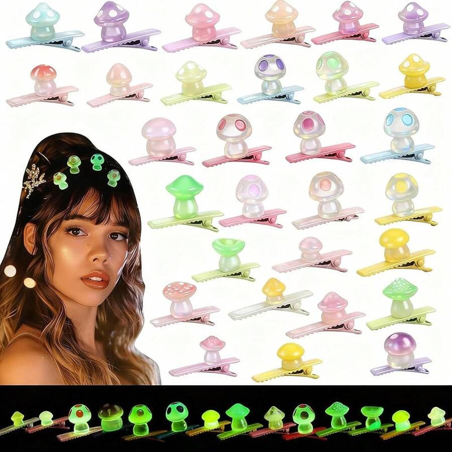 30 Pcs Glow Hair Clips Rave Hair Clips Women Music Festival Holiday Party Supplies (Duck)Valentine's Day NPVH - 可愛的蘑菇 - 查看 1