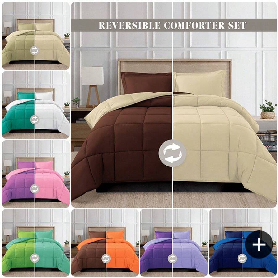 Elegant Comfort All Season Ultra Soft 3pcs Reversible Diamond Stitched Comforter Set, Down Alternative Breathable And Comfortable Quilt Luxury Hotel Quality 3 Piece Full/Queen, King/California King And Twin/Twin XL Size Bed Includes 1 Comforter And 2 Pillowcases Bedding Set, Christmas Decorations Gifts, Cozy Winter Styles, Holiday Décor - 棕色/奶油色 - 查看 1