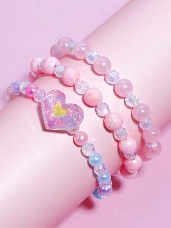 3pcs Girls Cute Heart Pendant Beaded Bracelet Wristband Jewelry, Suitable For Festivals, Birthdays, Parties, Holidays, Best Friends, Random Colors