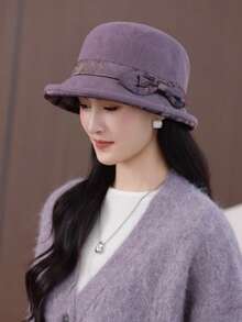 1pc Women's Solid Color Bucket Hat With Bowknot, Tie-Dye Bowknot Ribbon Decor, Rolled Edge Design, Soft Fabric, Windproof And Warm, Versatile For Daily Wear, Morning Exercise, Gathering With Friends, Holiday Outings, Elderly Outfit, Practical And Warm Accessory For Autumn/Winter