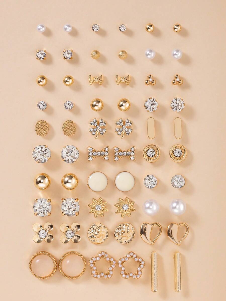 Bộ 60 khuyên tai kim loại thời trang hình bướm, trái tim, đính đá, mặt trăng, nơ, hoa, quà tặng trang sức, phù hợp cho phụ nữ đeo hàng ngày. - Vàng - Xem 1