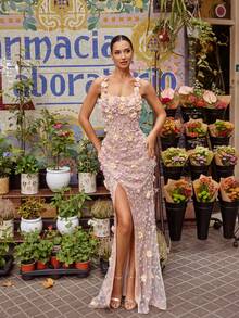 Faeriesty Đầm dạ hội đuôi cá thanh lịch với họa tiết hoa 3D thêu, đính sequin và hạt cườm – kiểu dáng đuôi cá xẻ tà bên hông, thích hợp cho đám cưới, tiệc cô dâu, dạ hội và các sự kiện thảm đỏ. - Màu Hồng baby - Xem 4