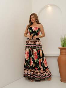 ARCO IRIS Long Strapless Dress In Plain Viscose, Printed, Barrato 36-42 With Lastex, Casual, Elegant, Feminine For Versatile And Comfortable Looks - 黑色 - 查看 4