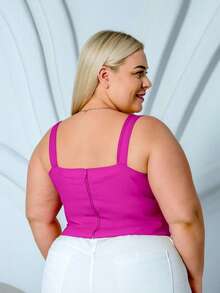 PLUS SIZE BENGALINE CROPPED TOP WITH STRAP AND POINT DETAIL - 玫瑰紅 - 查看 2