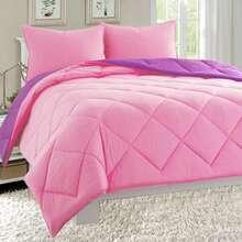 Elegant Comfort All Season Ultra Soft 3pcs Reversible Diamond Stitched Comforter Set, Down Alternative Breathable And Comfortable Quilt Luxury Hotel Quality 3 Piece Full/Queen, King/California King And Twin/Twin XL Size Bed Includes 1 Comforter And 2 Pillowcases Bedding Set, Christmas Decorations Gifts, Cozy Winter Styles, Holiday Décor - 粉紅色/紫色 - 查看 5