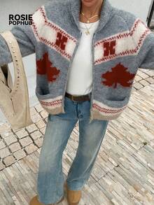 ROSIE POPHUB Women's Grey Zip Up Knit Cardigan, Stand Collar Loose Fuzzy Sweater Jacket, Casual Commute Christmas Outerwear For Fall & Winter - Grey - View 7
