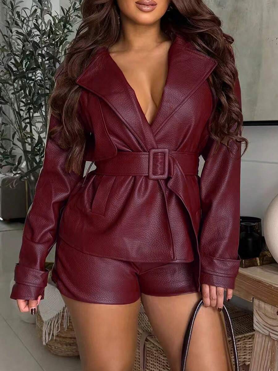 Women's Burgundy PU Leather Shacket With Lapel And Long Sleeves Belted Pocket Detail Long Regular Hem Slightly Stretchy - Burgundy - View 1