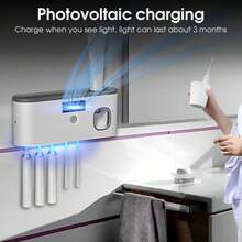 智能紫外线牙刷消毒器支架及4槽牙刷架，触屏式壁挂牙刷架带牙膏分配器，USB/太阳能充电式牙刷消毒器，浴室牙刷消毒器，无需钻孔 - 彩色 - 查看 11