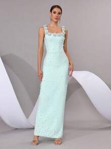 Nuevo vestido elegante de gala con cuello cuadrado, tirantes de espagueti y espalda descubierta, con decoración floral 3D hecha a mano, con perlas y cristales brillantes, vestido de vendaje maxi para mujer, adecuado para fiesta de cumpleaños, cena formal, carnaval, Pascua - Celeste - Ver 2