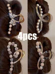1pc Rhinestone & Faux Pearl Infinitive Bow Shape Hair Claw Clip, Chinese-Style Hair Clip, Office Lady Hairpin, A Nice Gift For Her Hair Clips Hair Jaw Clip Hair Clamps Hair Clutch Hair Catcher Clip, Casual Fall Winter Hair Accessories For Women For Vacation Outfits Woman - Multicolor - View 8