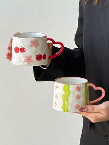 1 件 350 毫升手绘陶瓷杯，日式花卉图案，郁金香、樱桃和鲜花，色彩鲜艳，心形手柄和浮雕纹理细节，适合春季家居、与朋友共进早午餐 - 咖啡、牛奶 - 彩色 - 查看 5