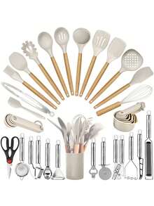 TAIMASI Kitchen Utensils Set- 35 PCs Cooking Utensils With Grater,Tongs, Spoon Spatula &Turner Made Of Heat Resistant Top Grade Silicone And Wooden Handles Kitchen Gadgets Tools Set For Nonstick Cookware - 卡其色 - 查看 8