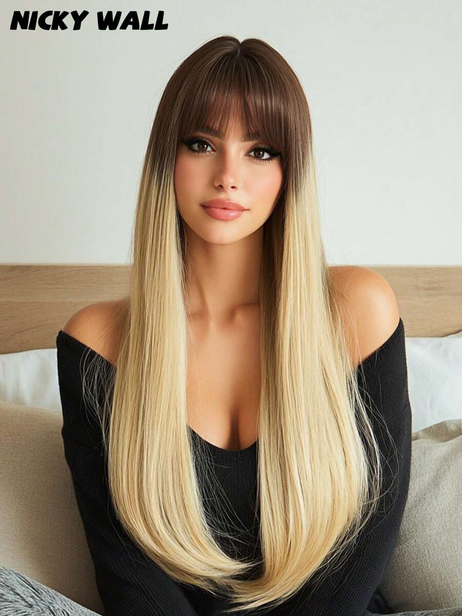 28Inch Extra Long Straight Blonde Roots Wigs For Women Elegant Nature Looking Wigs With Full Bangs,High Density Fluffy Synthetic Heat Resistant Fiber Hair,For Beginners Glueless Daliy Party Use - 漸變金色 - 查看 1
