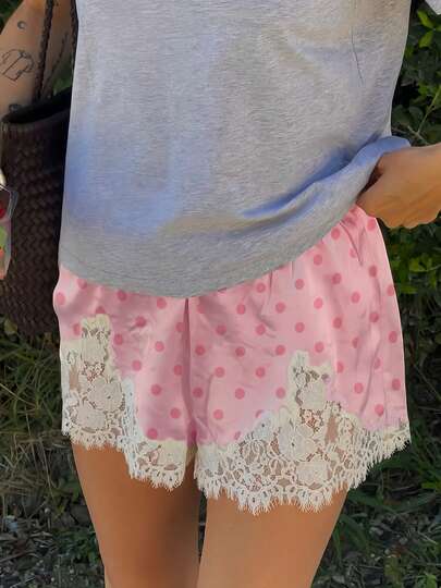 Women Lace Trim Satin Polka Dot Mini Shorts Y2K Elastic Low Waist Satin Lace Patchwork Coquette Micro Shorts Going Out Slip Bottoms Casual Wear