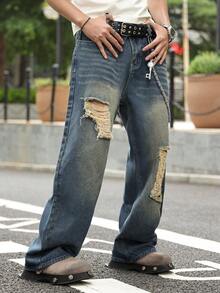 Men's Distressed Washed Loose Fit Straight Leg Jeans, Casual Street Style Baggy Trousers, All Season - Blue - View 2