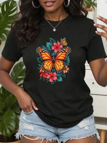 Mariposa con flores, camiseta estética de mariposa monarca para mujeres, camisetas gráficas, tops cortos para mujeres, conjuntos de verano para mujeres, tops de verano, camiseta - Negro - Ver 1