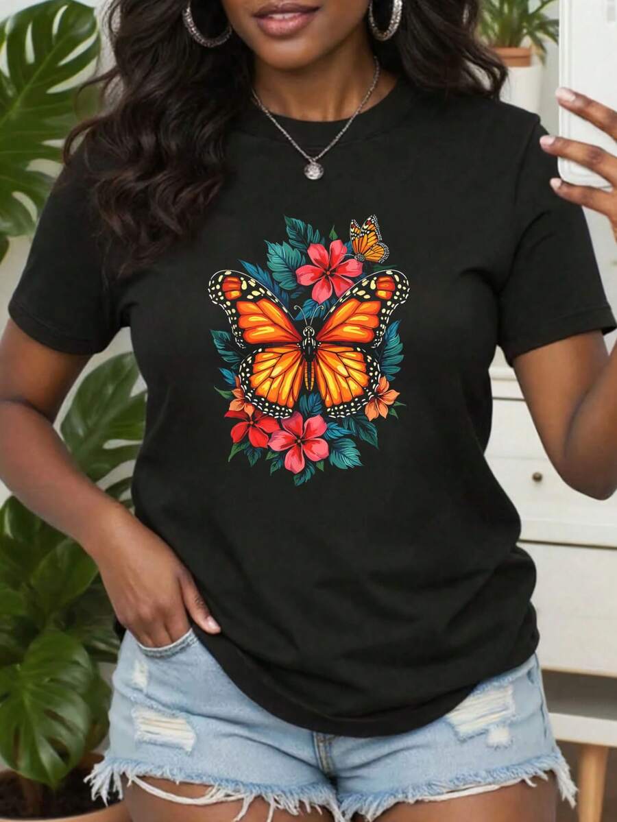 Mariposa con flores, camiseta estética de mariposa monarca para mujeres, camisetas gráficas, tops cortos para mujeres, conjuntos de verano para mujeres, tops de verano, camiseta - Negro - Ver 1