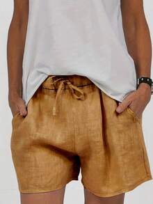 Women's Linen Fabric Elastic Waist Drawstring Casual Shorts - Yellow - View 3