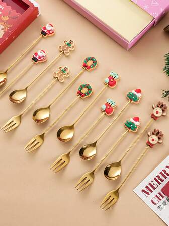 2pcs Stainless Steel Cute Christmas Element Dessert Spoon & Fork, Cartoon Fruit Fork, Ice Cream Spoon, Coffee Spoon