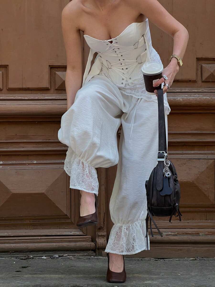 Women's Spring Summer Lantern Pants Lace Patchwork Leg Cuff Loose Wide Leg Trousers - 白色 - 查看 1