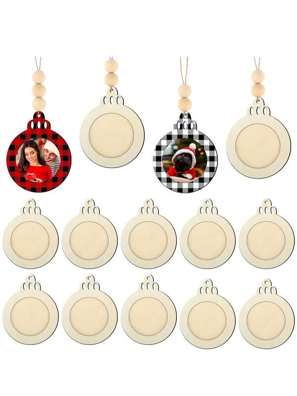 10/20pcs Unfinished Wooden Round Photo Frame Ornaments, Suitable For Christmas Tree And Stocking Decoration