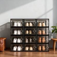 6/12pcs Shoe Boxes, Transparent With Lid, Space Saving Storage Box - Free Combination, Foldable Stackable Shoe Rack, Stackable Transparent Plastic Box For Closet, Shoe Store Display And Corridor, Office, Sports Shoes - 黑色 - 查看 4