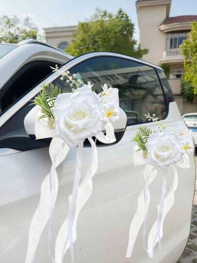 1 件婚车后视镜装饰、带丝带的门把手领结、婚礼椅背面的复古人造花装饰。