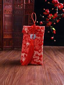 Sobre de seda estilo chino Hongbao, sobres de tarjetas de dinero de la suerte, bolsillos rojos de dinero en efectivo, sobres de tarjetas de regalo con nudo de cobre para el Año Nuevo 2026, el Festival de Primavera, bodas y otros elementos festivos chinos, sobres de tarjetas de regalo de seda roja con colgante de jade y nudo chino de cobre