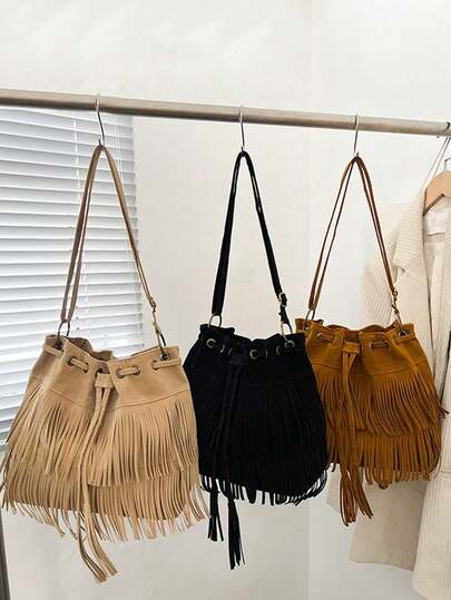 1pc Fashionable Tassel Handbag With Ample Capacity, Drawstring Shoulder Bag, Messenger Bag, Versatile Casual Bag, Ideal Holiday Gift, Suitable For Daily Use