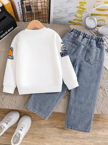 幼儿字母印花保暖圆领运动衫和牛仔裤套装 - 白色 - 查看 2