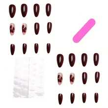 24pcs Short Press-On Nails |   Droplet Shape With Wine Red & Goldenenen Bead Floral Design, Glossy, Easy Application Daily Wear & Special Occasions, Includes Tools - 婦女和女孩 - 查看 7