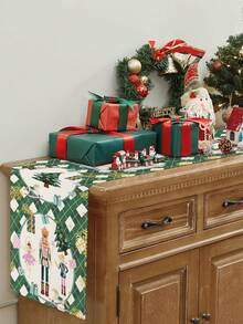 Caminho de mesa de linho natalino, 1 peça/15 peças, caminho de mesa verde com estampa de quebra-nozes e princesa, Feliz Natal, adequado para casa, restaurante, decoração de mesa de jantar