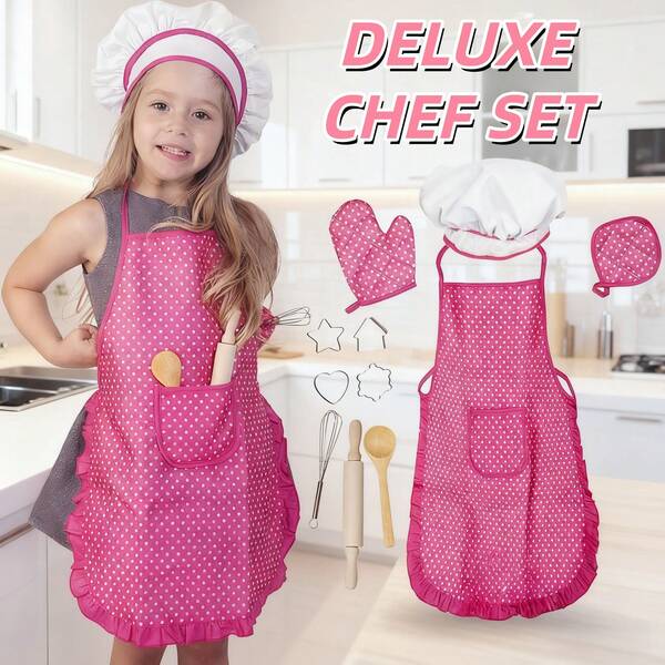 Fartuch kuchenny dla dzieci, zestaw do gotowania i pieczenia, zestaw narzędzi do pieczenia ciasta, zabawa w odgrywanie roli szefa kuchni, kompletny zestaw narzędzi do pieczenia (czapka szefa kuchni, fartuch, trzepaczka, wałek do ciasta, foremki do ciastek itp.), rozwijanie umiejętności praktycznych, edukacyjna zabawka do odgrywania ról, prezent urodzinowy dla dziewczynki, prezent na powrót do szkoły, prezent urodzinowy dla dziecka, prezent na Dzień Matki