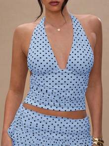 Women's Polka Dot 2 Piece Skirt Sets Vintage Halter V-Neck Top And Ruffle Layered Mini Skirt Summer Y2k Outfits - 藍色 - 查看 6