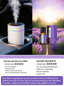 1pc 180ml Capacity Mini Car Humidifier With Romantic Color Night Light. Large Mist Output, Quiet Operation, Auto Timing, 2 Working Modes. Compatible With Essential Oils (6 Scents Available). Set Includes 1 Humidifier And 1 Bottle Of Essential Oil. Suitable For Car, Office, Bedroom, Living Room, Study, And Plant Room.