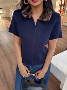 DEEKA 秋冬新款女装欧美风动物纹印花仿毛领针织短袖毛衣外套 - 海藍色 - 查看 2