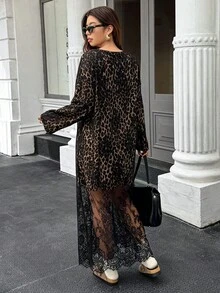 Doriss Lace Leopard See Through Round Neck Long Sleeve Dress, Autumn And Winter, Solid Color, Old Money, Back To School, Concert Outfits For Women, Wedding Guest Dress, Bohemian,Halloween - Black - View 6