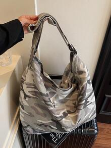 Borsa in tela vintage lavata di colore grigio mimetico di grande capacità, semplice e casual, con chiusura a cerniera, adatta per uso quotidiano, scuola, college, brevi viaggi, stile di strada, borsa a tracolla pieghevole e patchwork, borsa a spalla morbida per campeggio all'aperto