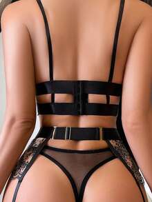 4Pcs Womens Underwear Lingerie Set Exotic Lace Bra  Brief Clip Garters Sets Transparent Bra Panty Fancy Chain Sleepwear - 黑色 - 查看 4