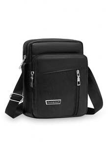 1 件黑色纯色男士单肩斜挎包，时尚休闲通勤背包 - 黑色 - 查看 6