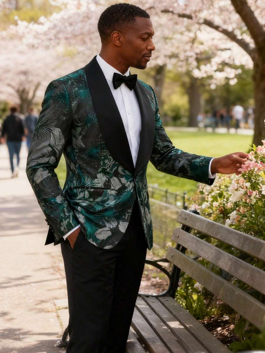 Men Suits Shawl Collar Wedding Groom Tuxedo Slim Fit Formal Banquet Blazer Masculino Jacket - 綠色 - 查看 1