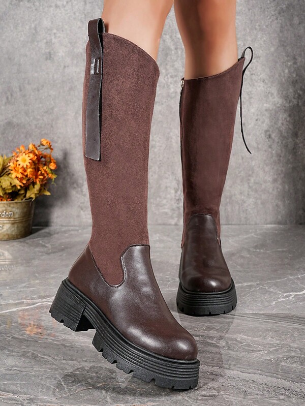 2025 Autumn/Winter Soft Leather Thick Sole Platform Chunky Heel Tall Boots For Women, Slim Fit, Spring/Autumn Ankle Boots, Ladies Motorcycle Boots, Western Style, Side Zipper Knee-High Boots