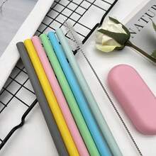 1 Set Reusable Silicone Straws With Cleaning Brush, High Temperature Drinking Straws For Coffee, Bubble Tea, And Outdoor Camping, Straight And Bent Styles Available - 彩色 - 查看 2