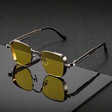 1 Pair Of Stylish Square Fashion Glasses For Men And Women - Gold Metal Frame, Black Accessories, Green Gradual Change Lenses, Perfect For Music Festivals And Street Photography, Festival Glasses| Modern Glasses| Durable Glasses - Màu vàng - Xem 6