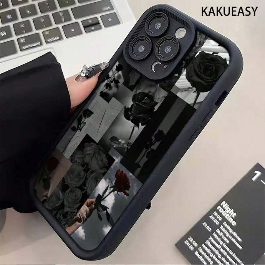 Funda de teléfono a prueba de golpes, diseño elegante de rosa negra para iPhone 16 Pro Max, compatible con los modelos 16, 15 Pro, 14 Plus, 13, 12 Pro, 11 Pro Max, X y XS Max. Esta funda de TPU ofrece protección contra caídas y suciedad. Funda de Teléfono Ligera, Ajustada y Resistente a Impactos - 1 pieza - Ver 1