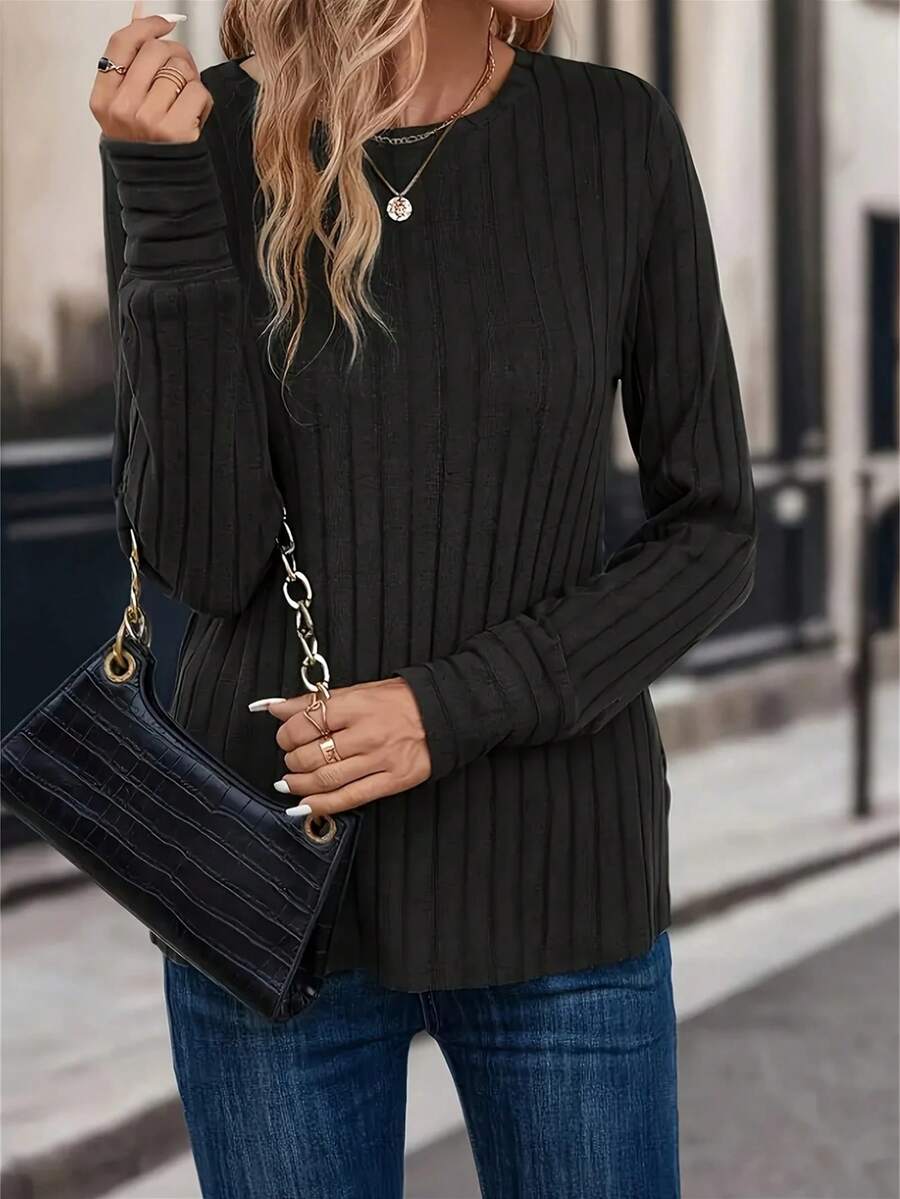 Ribbed Crew Neck T-Shirt Elegant Long Sleeve Top Spring Autumn Two Seasons Autumn Winter Knitted Ribbed Base Shirt Solid Color Crew Neck Elastic Ribbed Long Sleeve T-Shirt - 黑色 - 查看 1