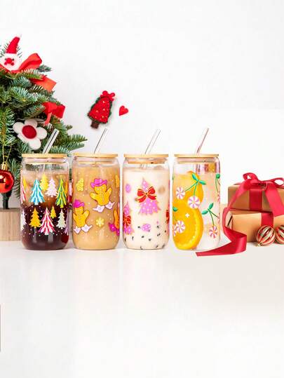 1PC Printed Christmas Atmosphere Glass With Lid, Brush And Straw, Cute Kawaii Gingerbread Man, Christmas Tree, Snowflakes, Cherry,Strawberry Pattern, Suitable For Coffee, Milk, Hot Cocoa And Beer - Holiday Gift, Christmas Decoration