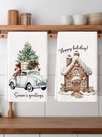 2pcs Christmas Kitchen Towels, Polyester Hand Towels With Christmas Tree And Truck Pattern, Super Soft Woven Dishcloths, Machine Washable, Ideal For Restaurant, Kitchen, Christmas Holiday Decoration And Gifting